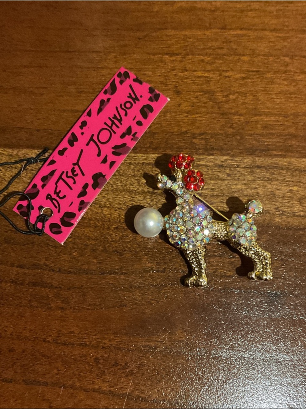 Betsey Johnson Gold Poodle Brooch with Red and Pearl Accents